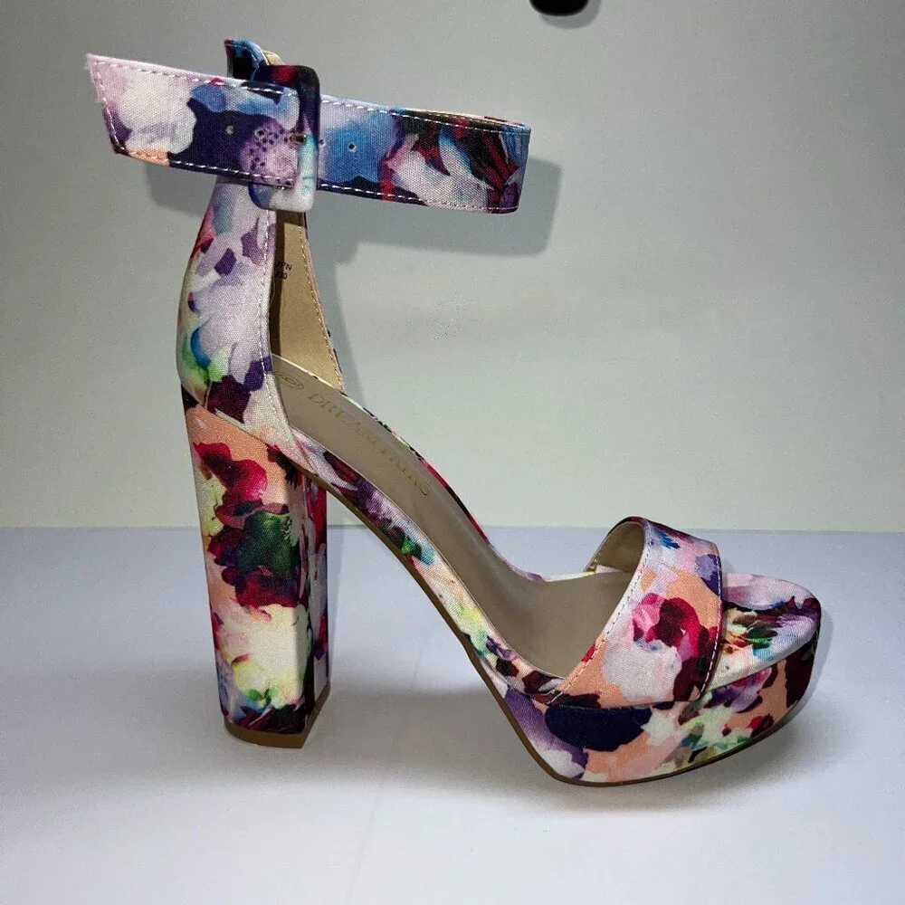 Dream Pairs Floral Open Toe Strap Block Heel Platform Heels Size 6